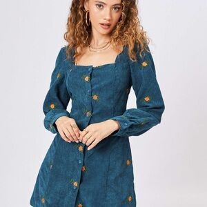 Teal Corduroy Sunflower Dress